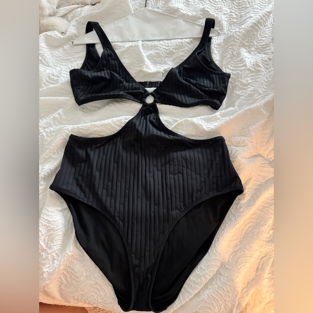 Aerie Black Textured One Piece Swimsuit with Cutout Details